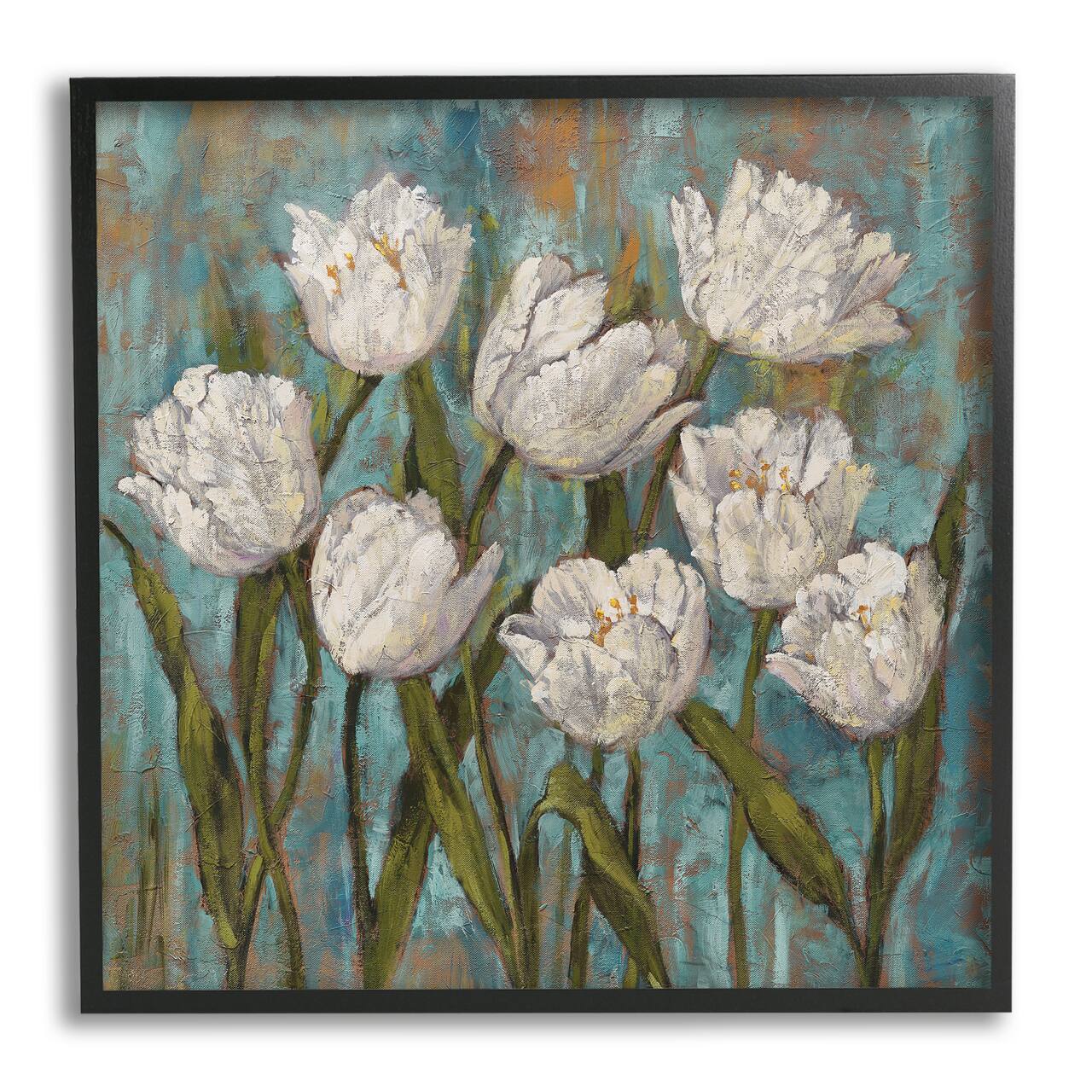 Stupell Industries Vintage Country White Tulips over Distressed Soft Blue in Black Frame Wall Art